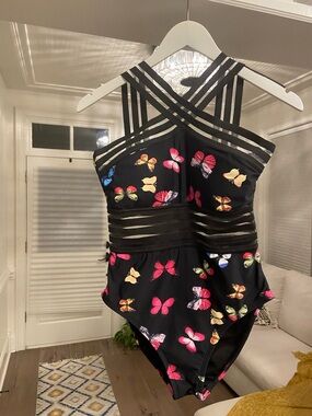 Black Butterfly-Print One-Piece Swimsuit with Strappy Detail